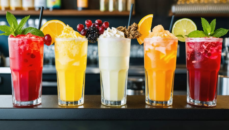 Assorted colorful kratom drinks with various garnishes lined up on a bar counter.