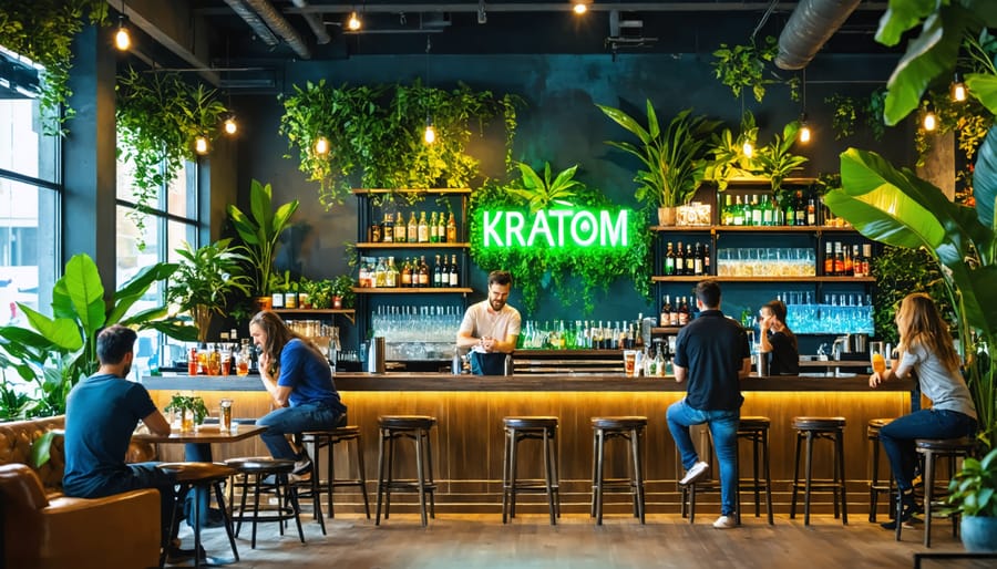 Interior of a lively kratom bar in Montreal with modern decor and people sipping drinks.