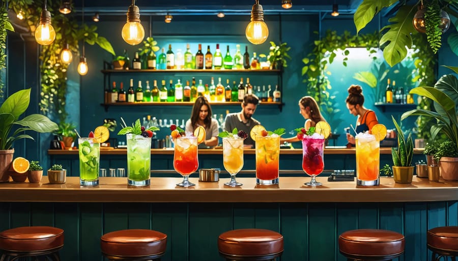 A trendy kratom bar in Montreal with a modern and cozy design, featuring colorful kratom drinks on the bar counter and patrons mingling and sipping beverages in a vibrant atmosphere.