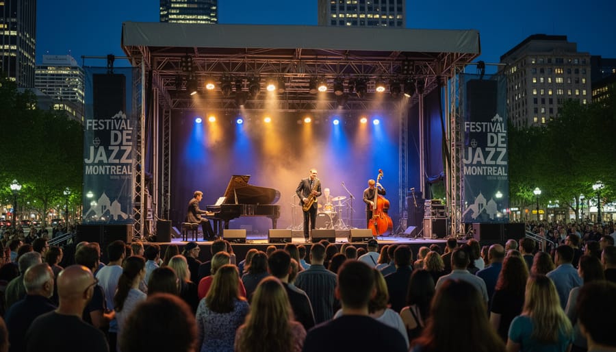 Jazz saxophonist performing under stage lights at Montreal Jazz Festival 2022
