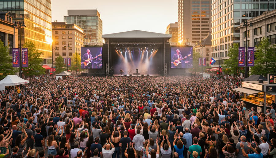 Large crowd enjoying evening jazz performance at Place des Festivals during Montreal Jazz Festival 2022