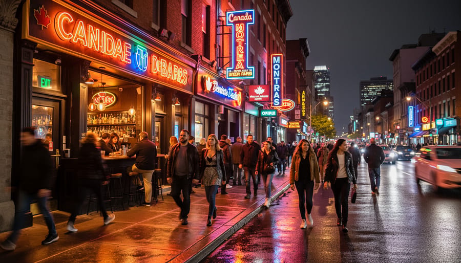 Neon-lit street scene outside a Montreal bar at night with people walking on wet pavement