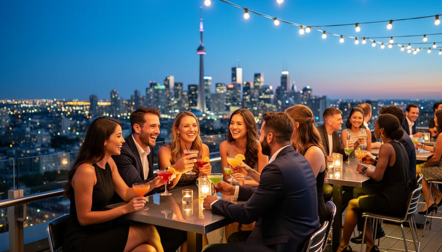 Cocktails on a rooftop table in Toronto with partygoers and city lights in the background