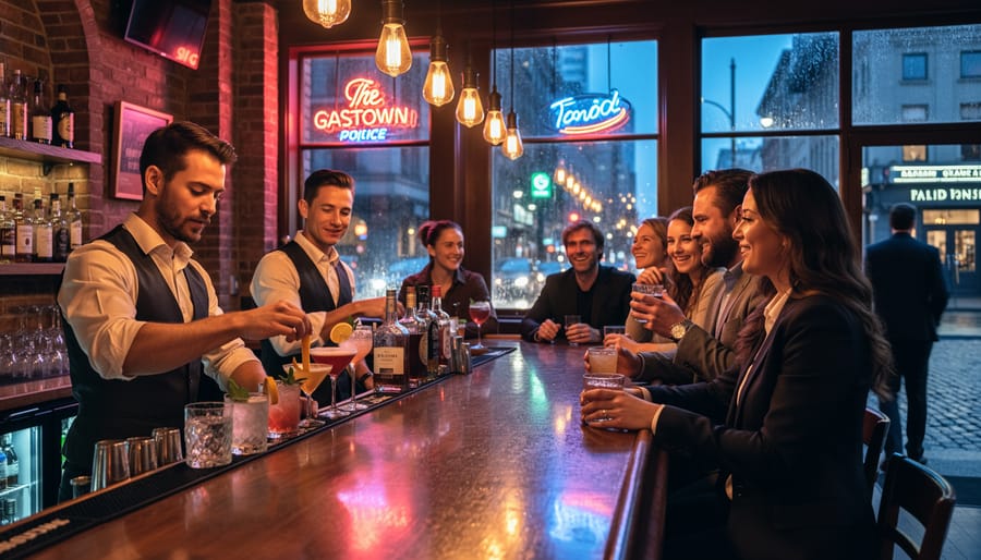 Close view of a craft cocktail being placed at a Vancouver bar with patrons blurred in the background