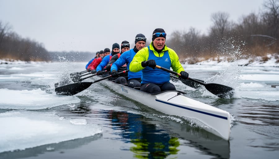 Athletes paddling an ice canoe through icy water near the St. Lawrence River during a winter race
