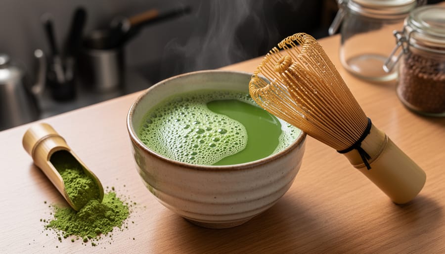 Close-up of frothy green matcha in a ceramic bowl with a bamboo whisk on a wooden table