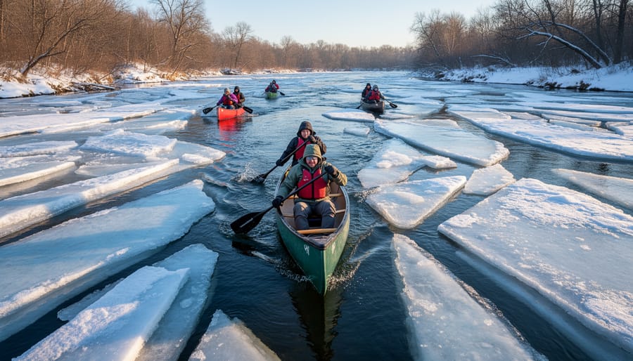 Ice canoe team crossing river ice floes during the Montreal race