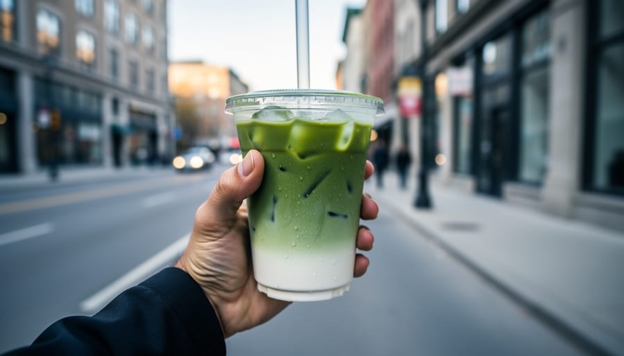 Person holding a glass of layered iced matcha latte in a Montreal café