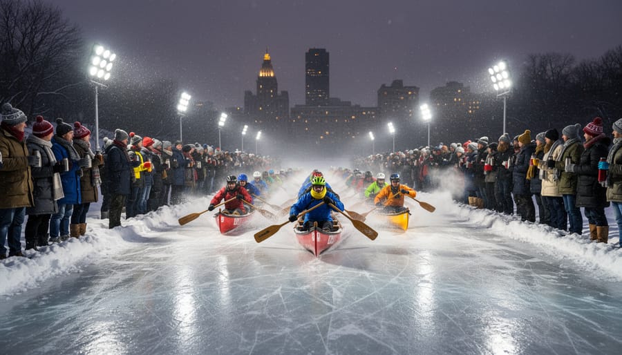 Spectators cheering along the riverbank as an ice canoe team races in Montreal during winter
