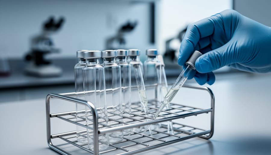 Unlabeled laboratory vials and pipettes on a stainless-steel rack with a gloved hand nearby, photographed in a cool clinical setting.