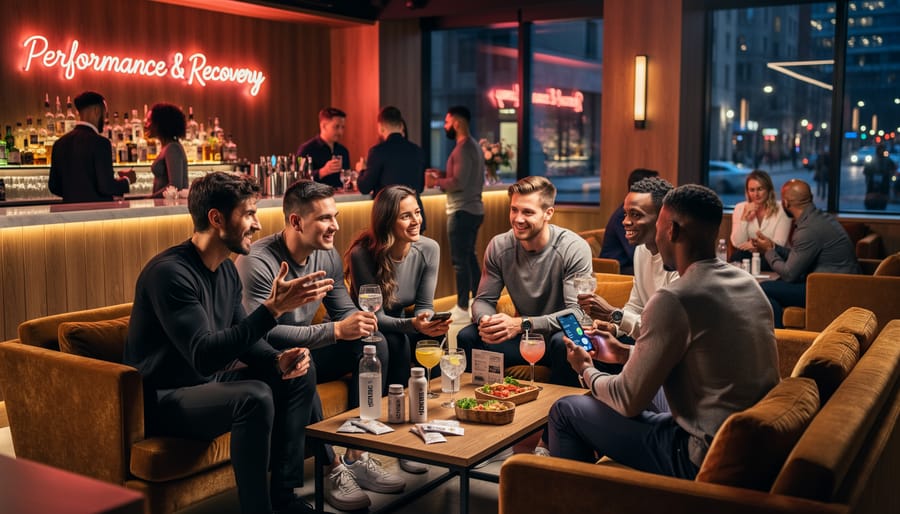 A bartender and guests in a Montreal lounge with warm bar lighting and cool city ambience in the background.