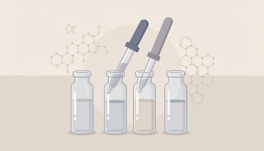 Unlabeled laboratory vials and pipettes on a stainless-steel rack in a clean clinical setting.