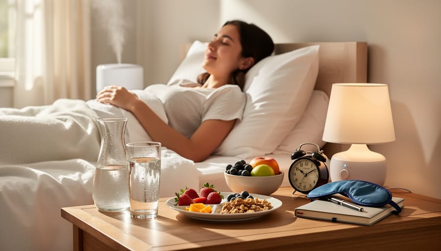 Wellness recovery items on a bedside table including a glass of water, lemon slice, berries, and a non-readable alarm clock.