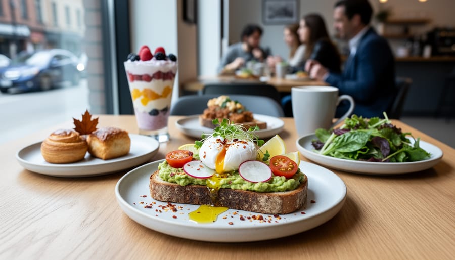 Overhead view of a Montreal-style breakfast board with avocado toast, poached eggs, roasted potatoes, and microgreens.