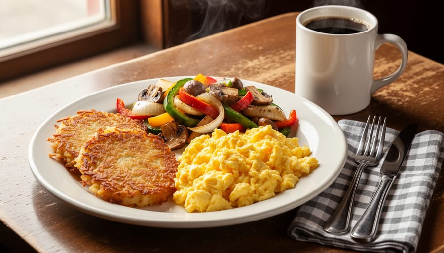 Open-faced breakfast plate with fried eggs, hash browns, and sautéed vegetables at a diner-style table.