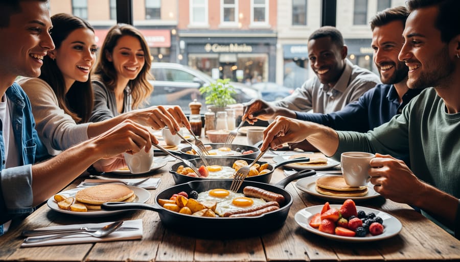 Friends sharing a Montreal café breakfast spread with skillets, bacon, and greens on the table.