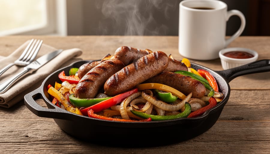 Close-up of a breakfast skillet with sausage, peppers, and onions served with toasted bread in a cozy café atmosphere.