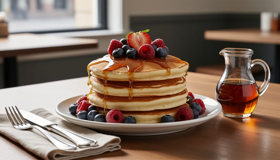 Fluffy stack of pancakes topped with berries and maple syrup on a breakfast plate in a Montreal café setting.