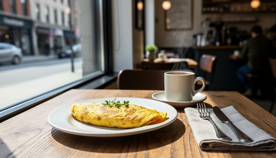 Solo breakfast plate with an herb omelet and a croissant beside a steaming coffee cup in a Montreal café.